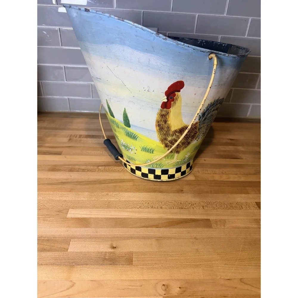 Vintage Rooster Metal Coal Scuttle Bucket Farmhouse Hand Painted Checkered 11in